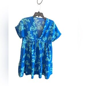 SHEIN blue green floral polyester babydoll low V-Neck dress Size 6